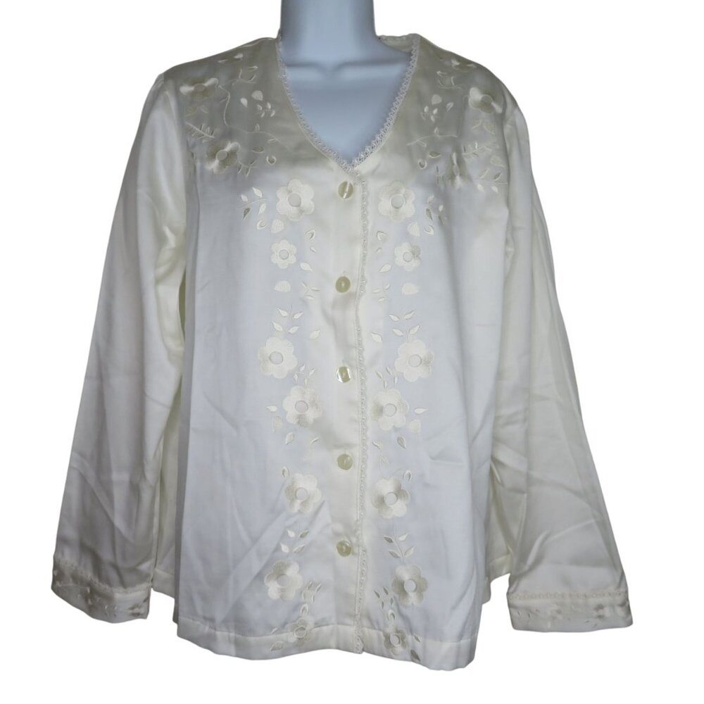 Nordstrom Intimates White Floral Button-Up Sleepshirt M Long Sleeve Cotton Lined